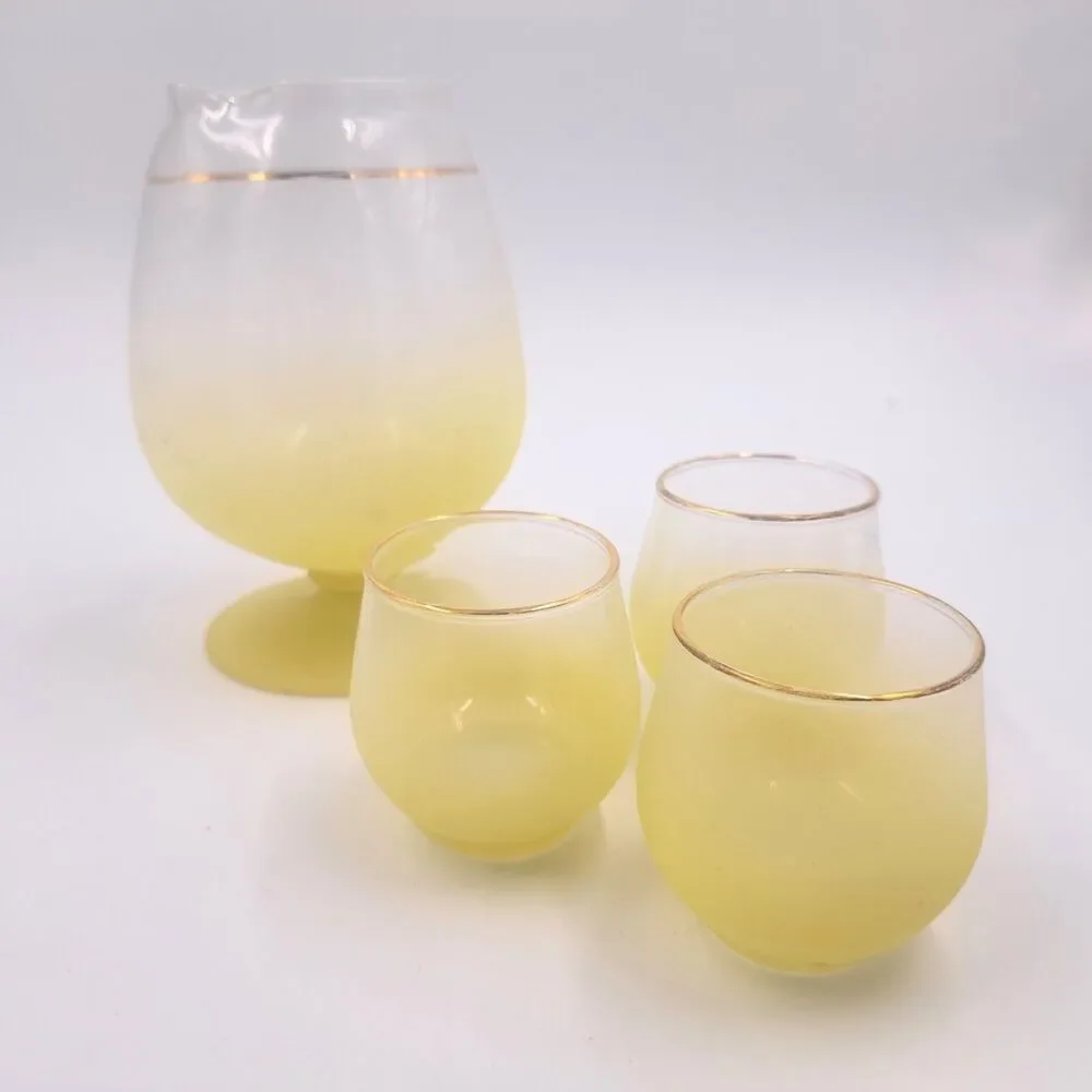 Vintage MCM Blendo Frosted Yellow Cocktail Mixer Pitcher & 3 Glasses